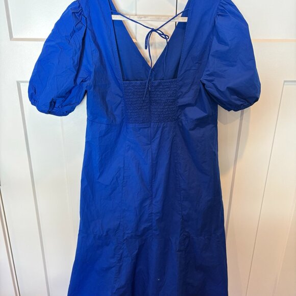 LOFT Blue Puff Sleeve Mini Dress Size 12 Smocked Back Tie - Picture 6 of 6